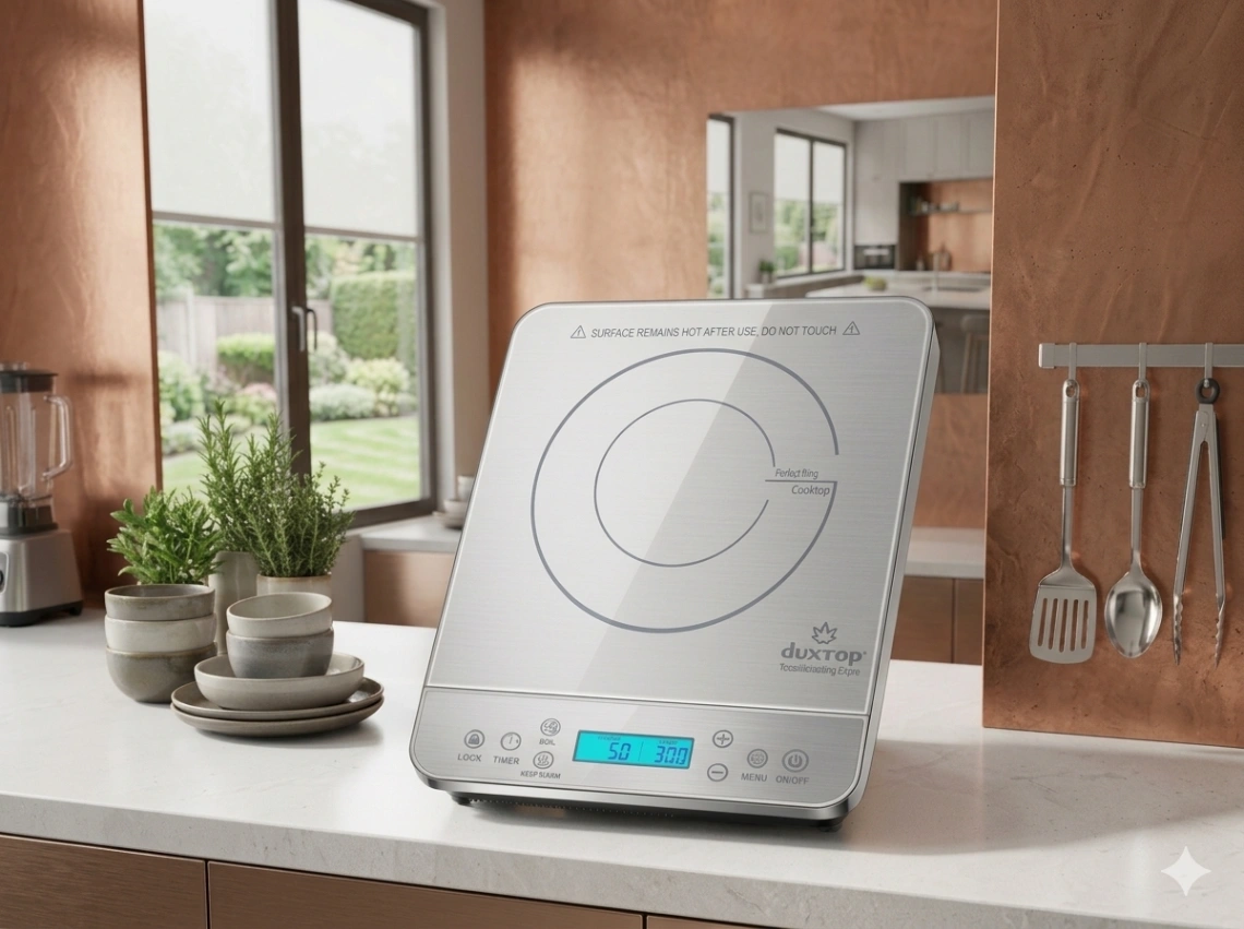 A silver Duxtop portable induction cooktop with a digital display sitting on a modern kitchen countertop.