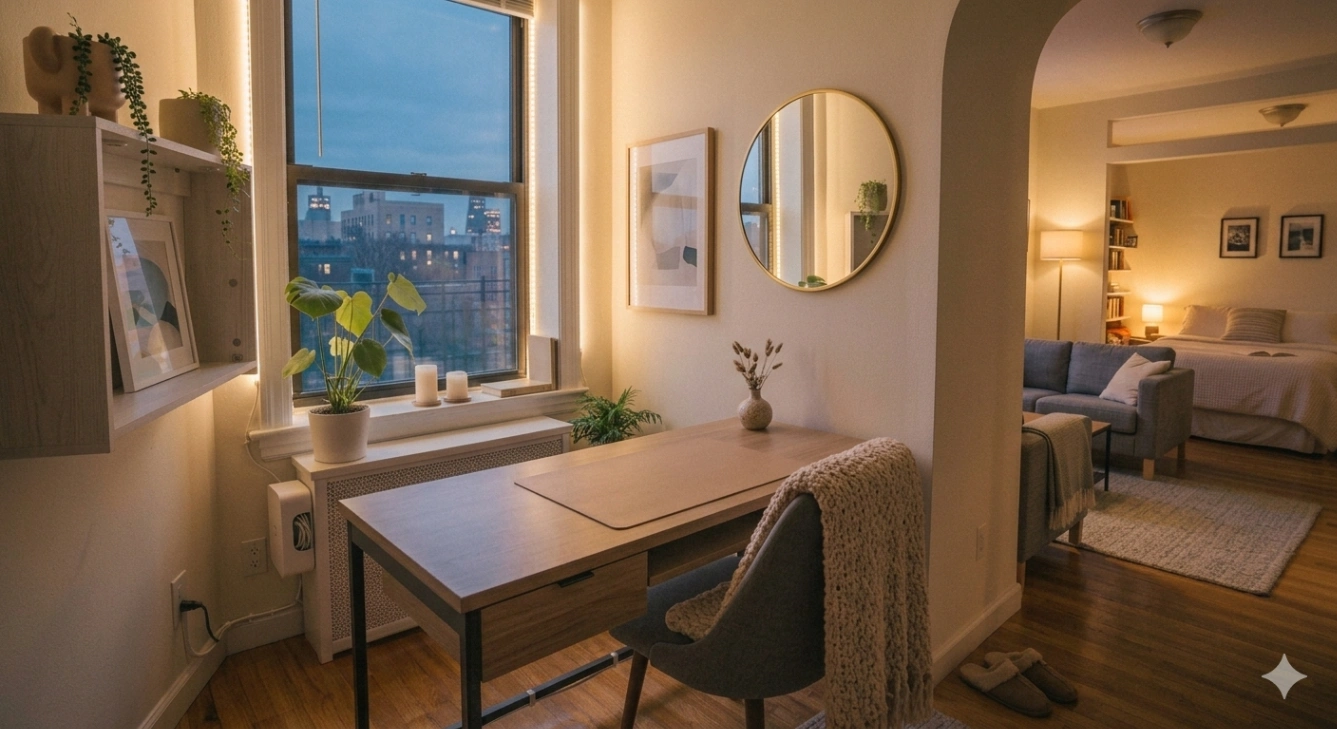 Studio apartment workspace transformed back into a home setting