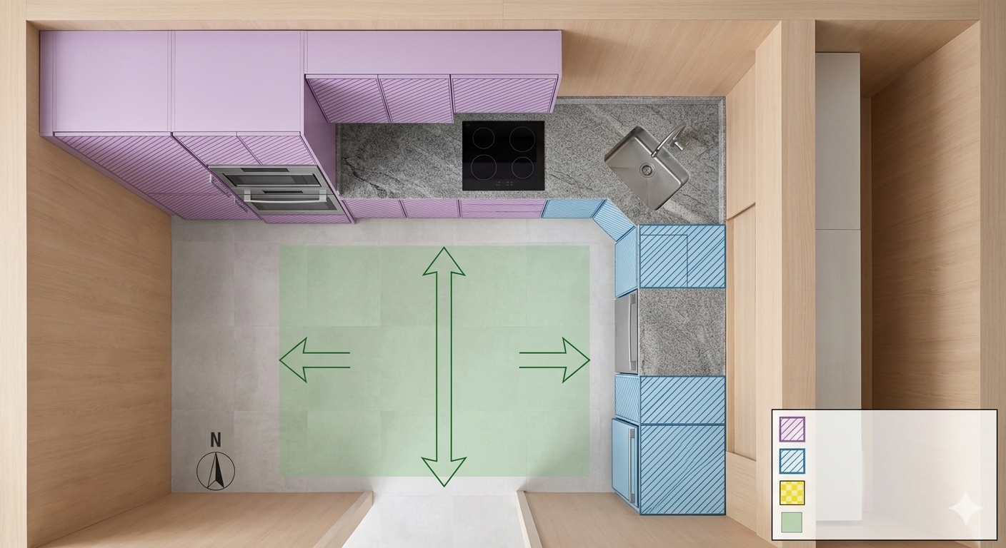 op-down realistic photo of an L-shaped kitchenette using purple, blue, and green color overlays to highlight the primary storage, preparation, and floor circulation zones.
