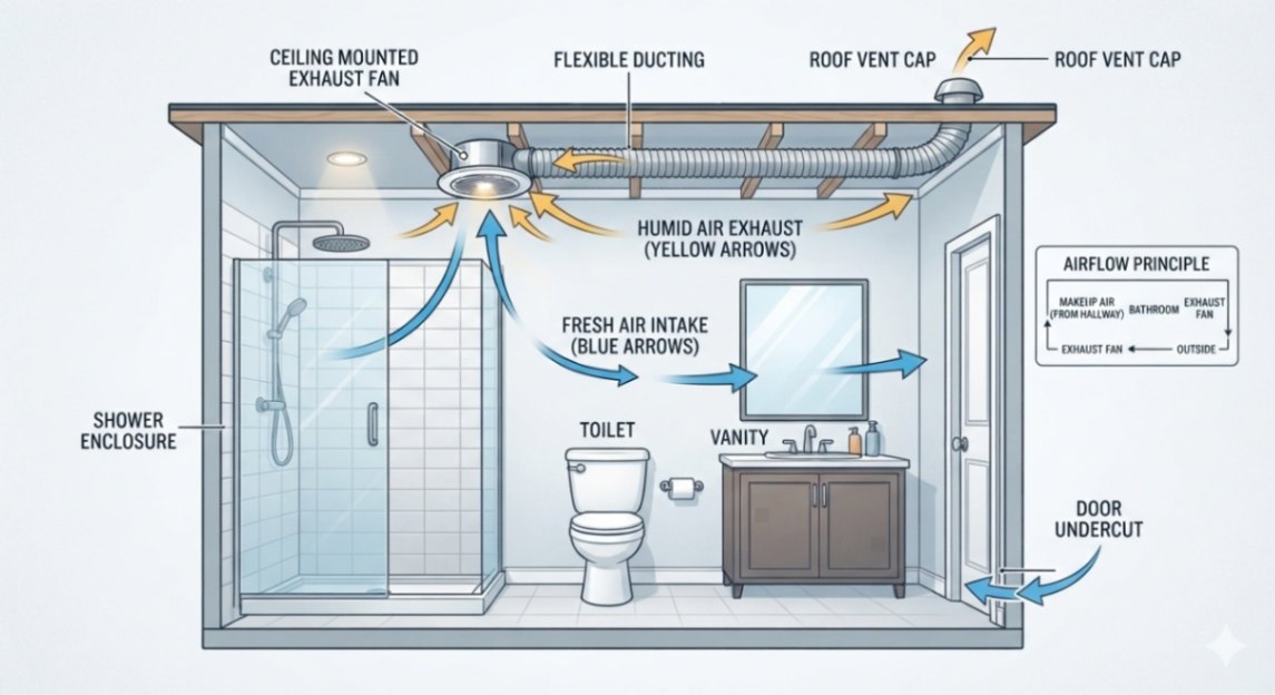 Bathroom airflow diagram showing fresh air intake and humid air exhaust