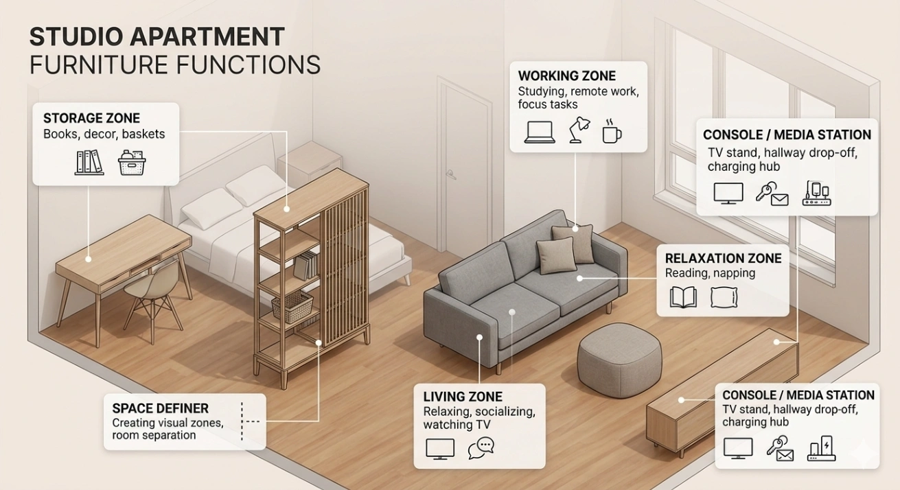 studio apartment furniture ideas based on function