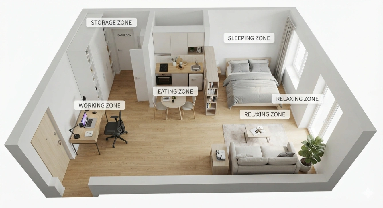 studio apartment living space ideas for multiple functions in one room