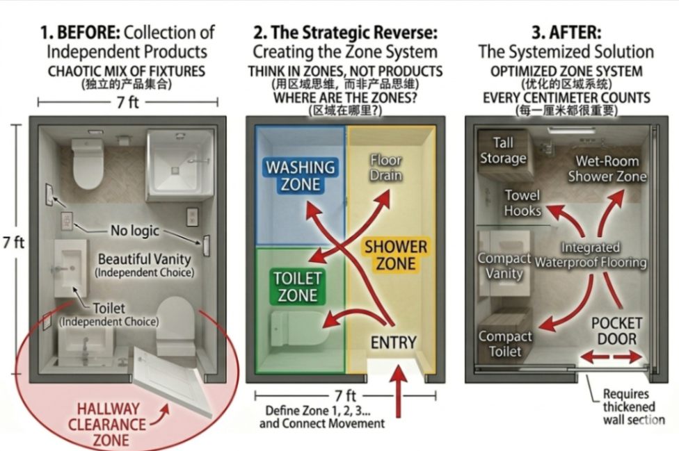 Before and after small bathroom fixture layout showing organized zones