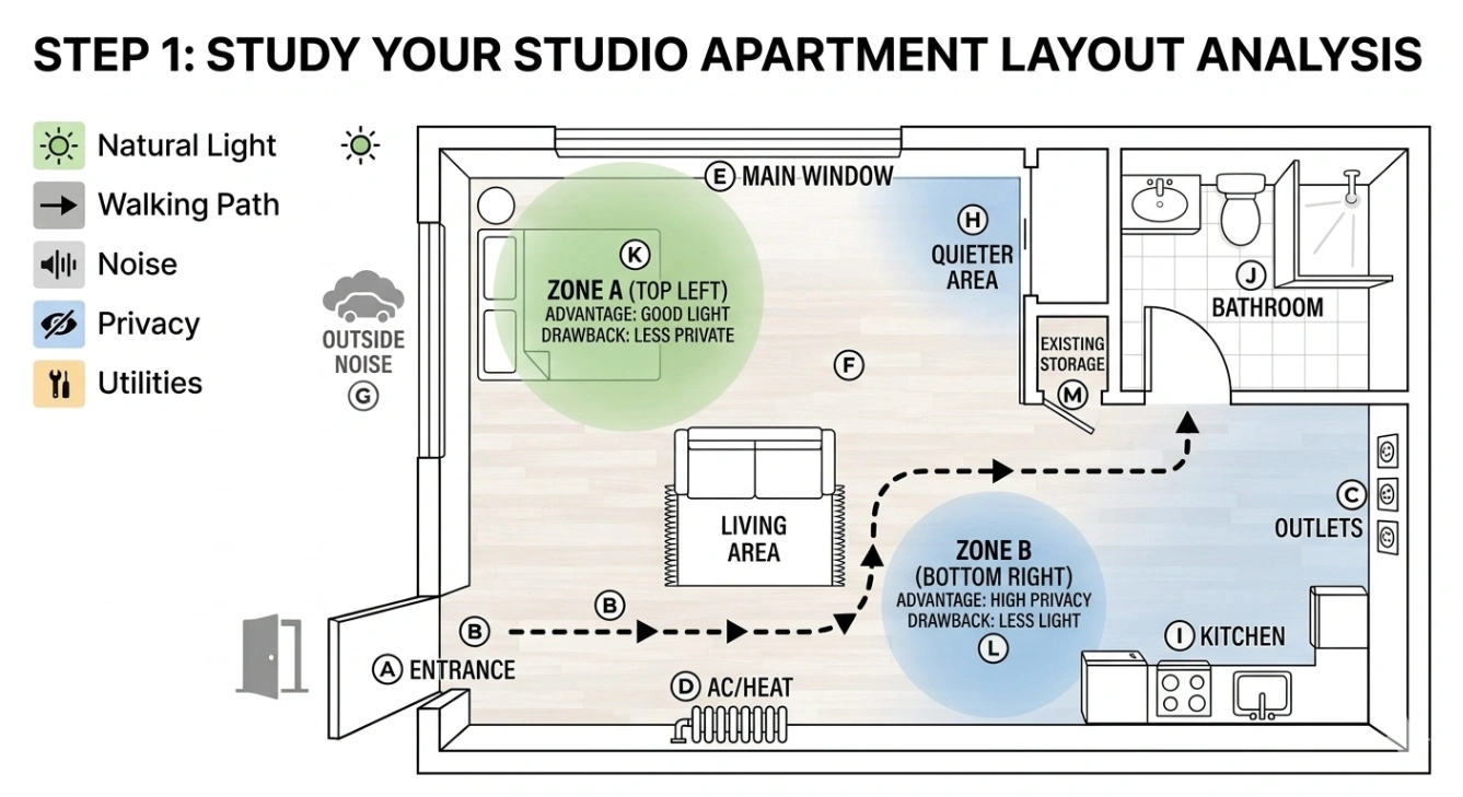 Studio apartment floor plan showing sleeping, living, kitchen and circulation zones