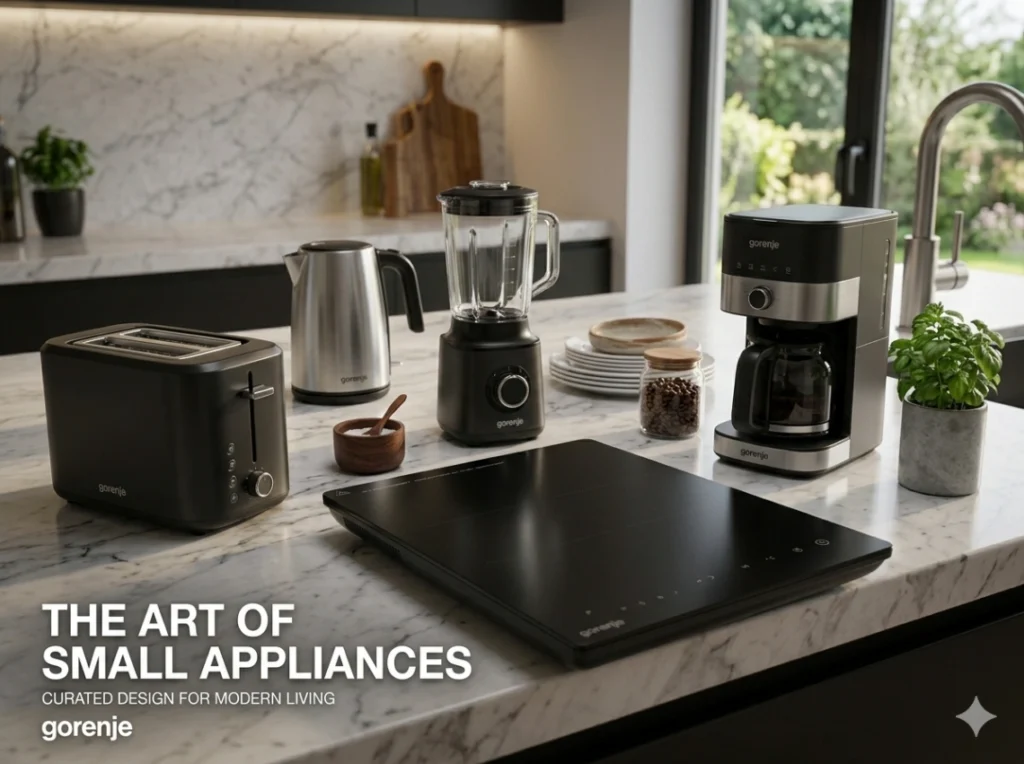 A curated collection of modern Gorenje small kitchen appliances, including a toaster, kettle, blender, coffee maker, and induction cooktop arranged on a white marble countertop.