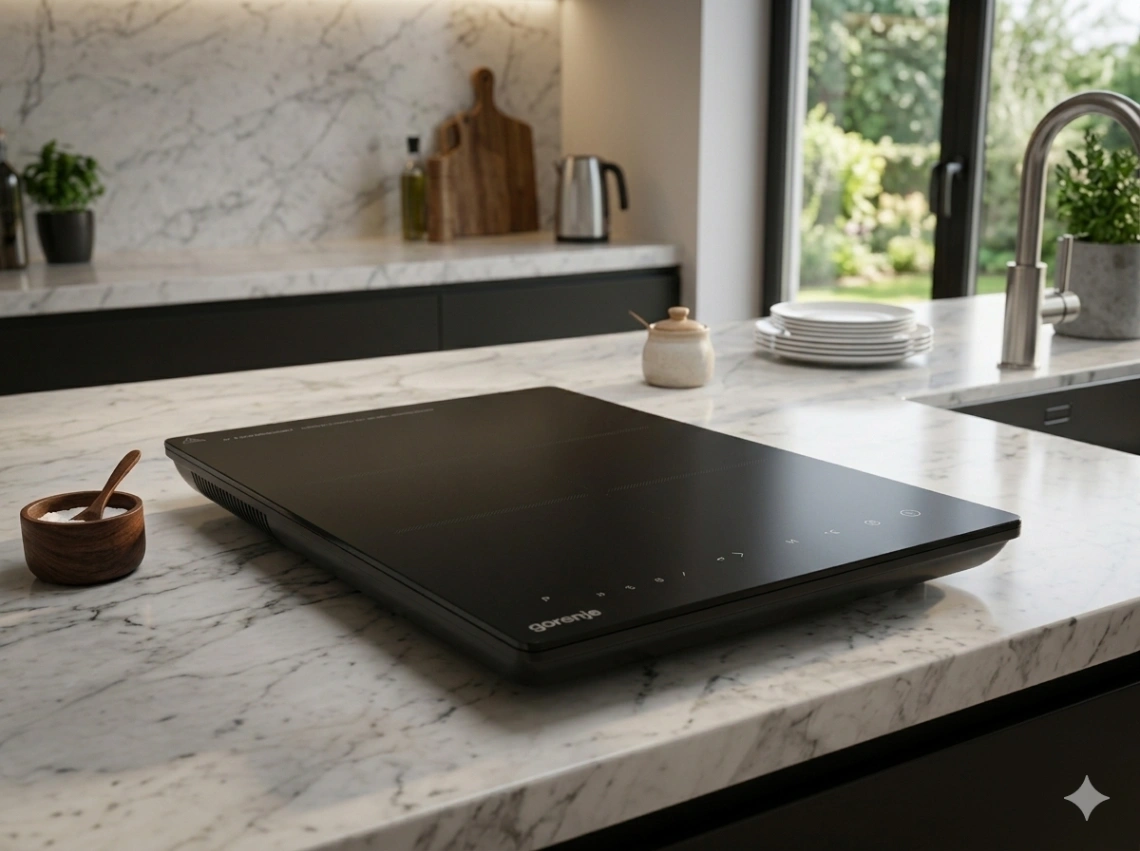 Matte black Gorenje single induction cooktop sitting on a white marble kitchen island countertop with a modern kitchen background.