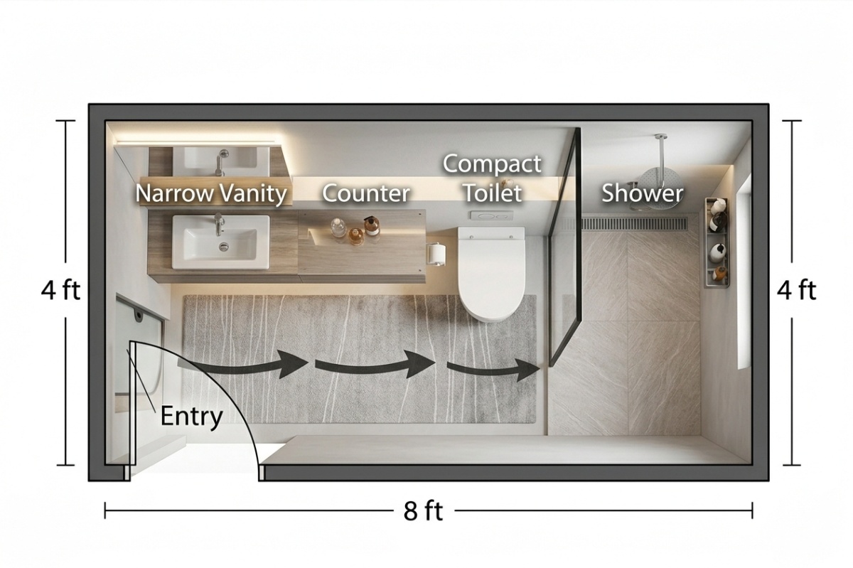 Narrow 4×8 bathroom floor plan with shower at the far end