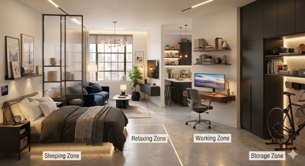 Studio apartment living space with practical zones for sleeping, relaxing, working, and storage