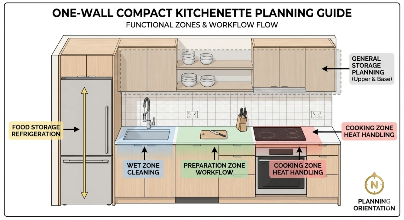 One-wall kitchenette diagram showing refrigerator, preparation area, cooktop, sink and storage zones