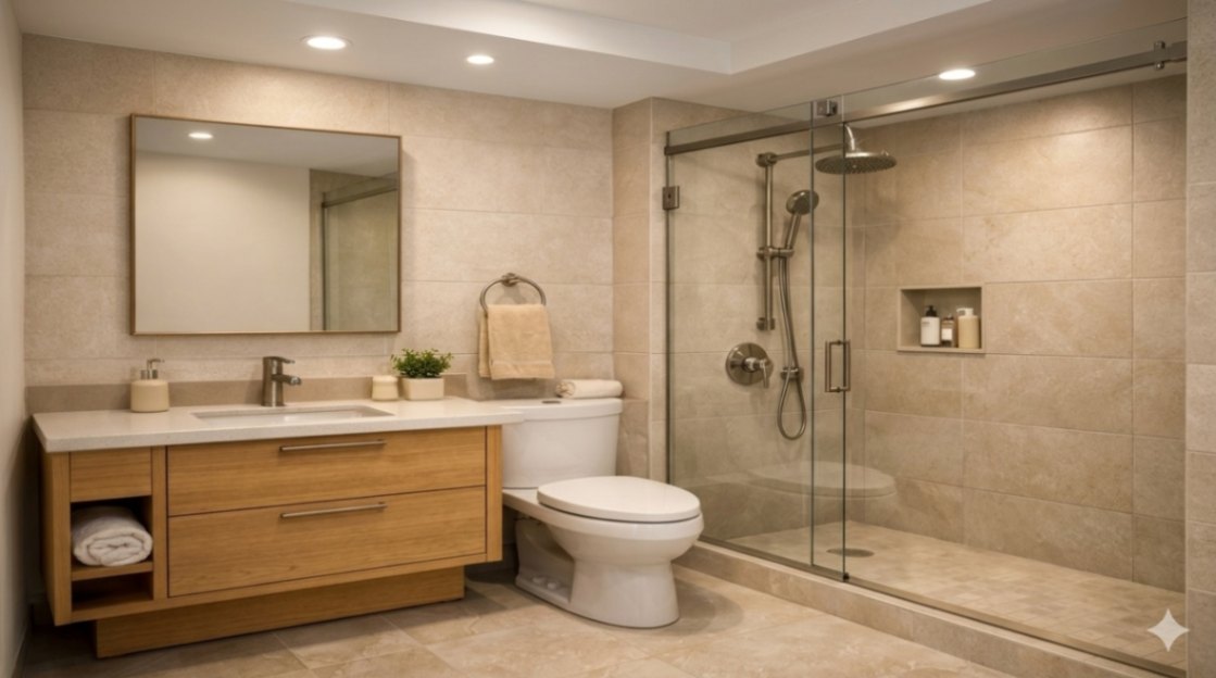 Small bathroom with coordinated tiles, fixtures and wood vanity