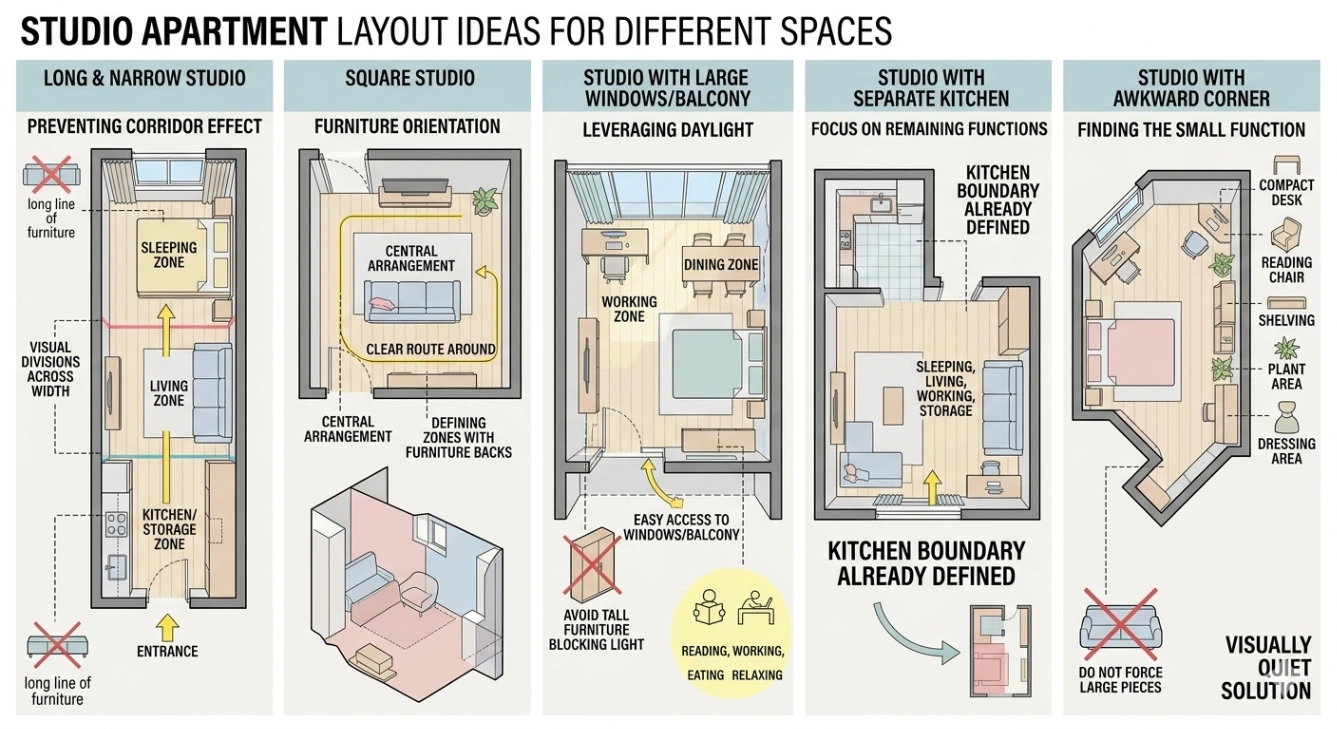 studio apartment layout ideas for different room shapes