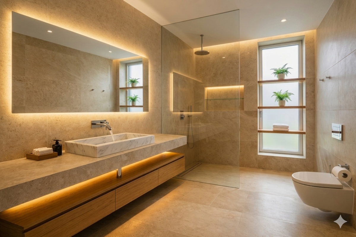 A compact bathroom with layered lighting, featuring a glowing backlit mirror, a warm LED strip under a floating oak vanity, and a recessed ambient shower niche illuminating sand-beige stone walls.