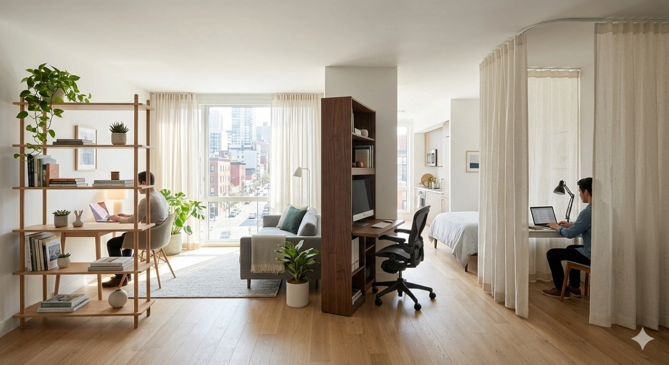 Three compact workspace separation ideas in a studio apartment