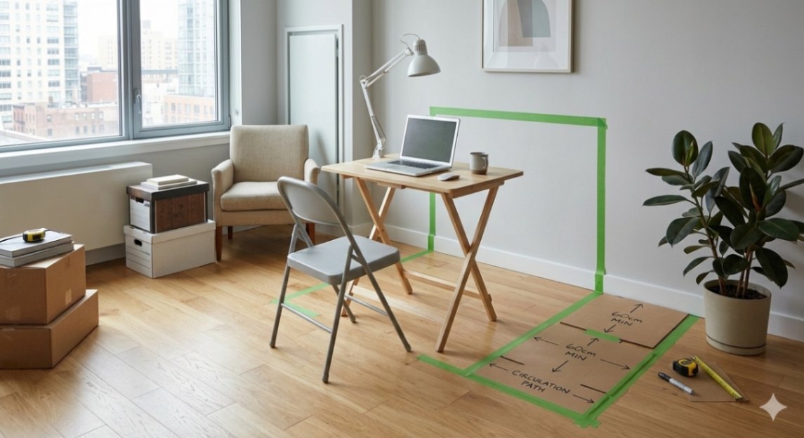 Temporary studio apartment workspace layout test using tape and cardboard