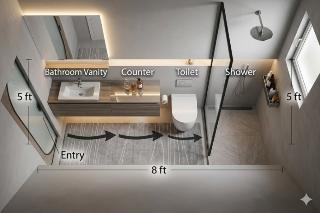 5×8 bathroom with walk-in shower and clear glass panel