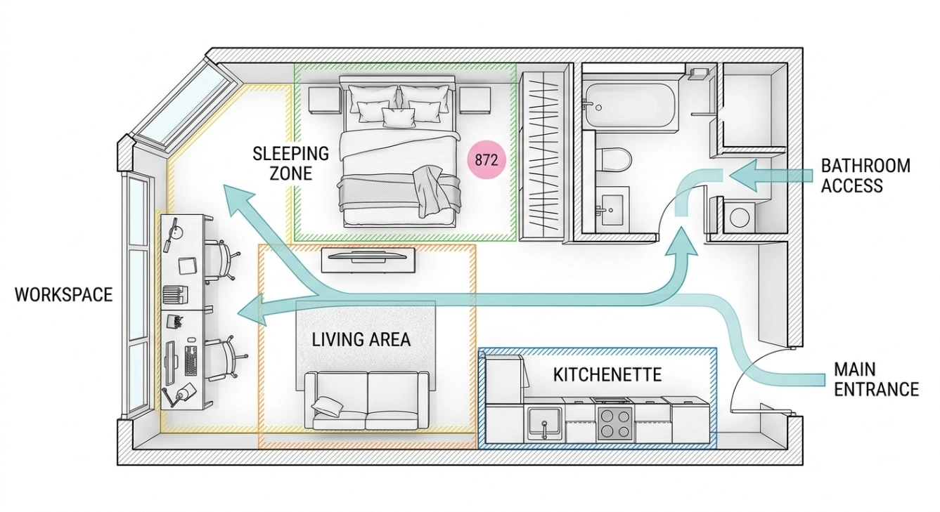 Multi-Zone Studio Apartment Floor Plan and Circulation Guide