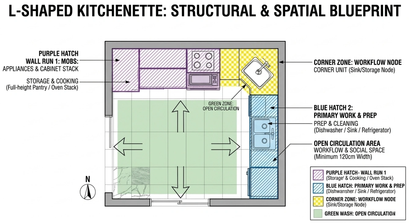 L-shaped kitchenette diagram showing two wall runs, corner zone and open circulation area