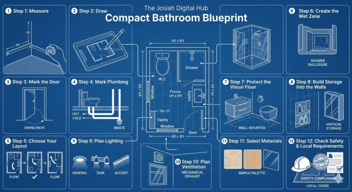 Compact bathroom blueprint showing the 12-step layout planning process