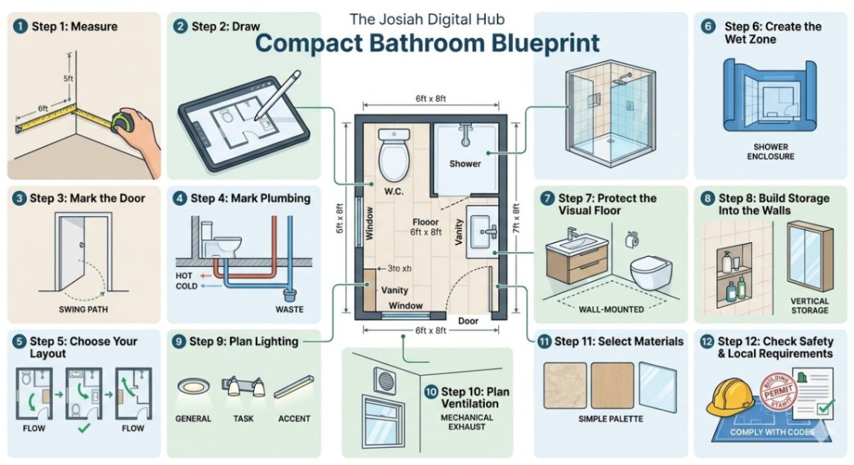 Colorful compact bathroom layout showing the completed space-saving design