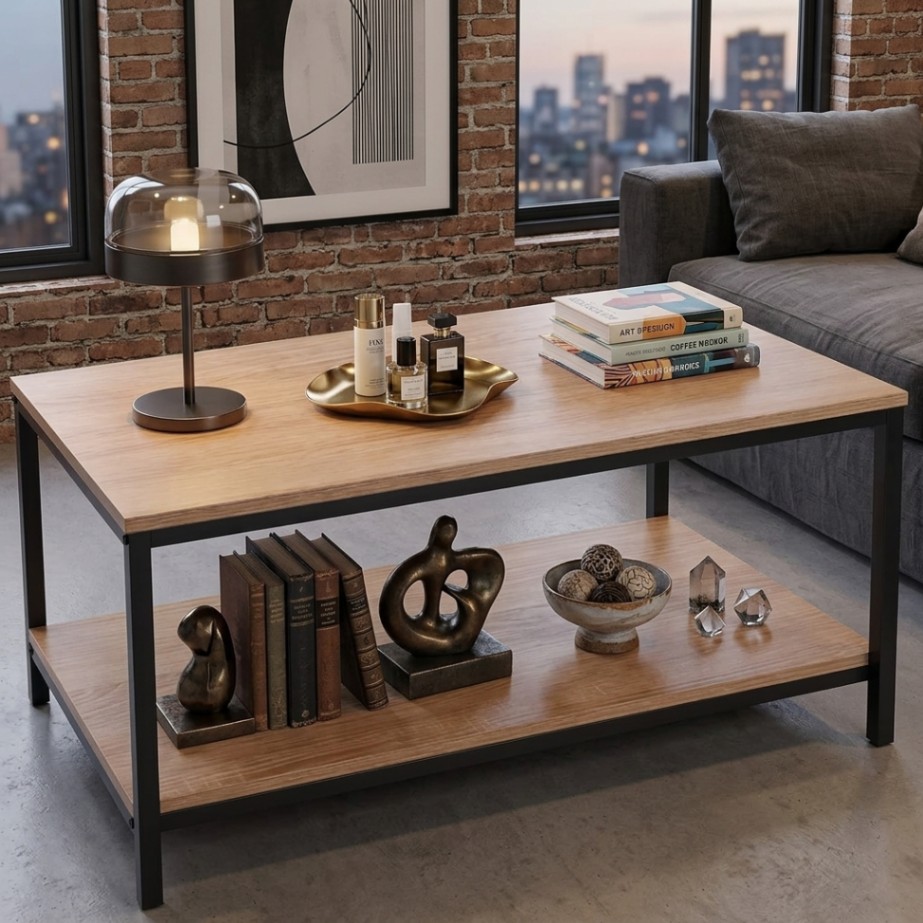 SuperDeal compact two-tier coffee table with a lower open storage shelf for books and everyday items in a studio apartment living room.