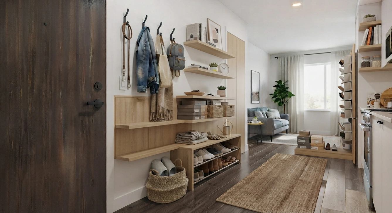 Open storage entryway in a small studio apartment with wall hooks and shelves