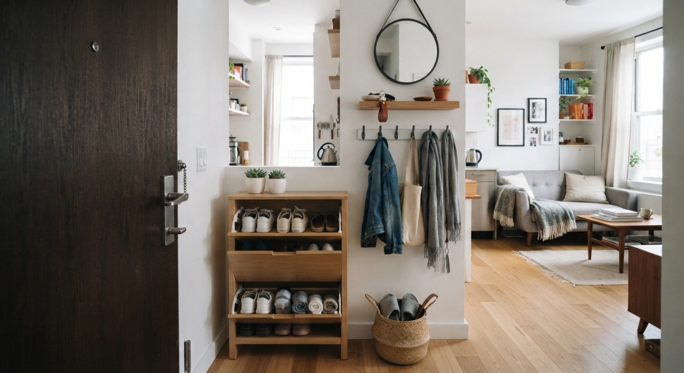 Studio apartment entryway ideas with shoe storage and wall hooks