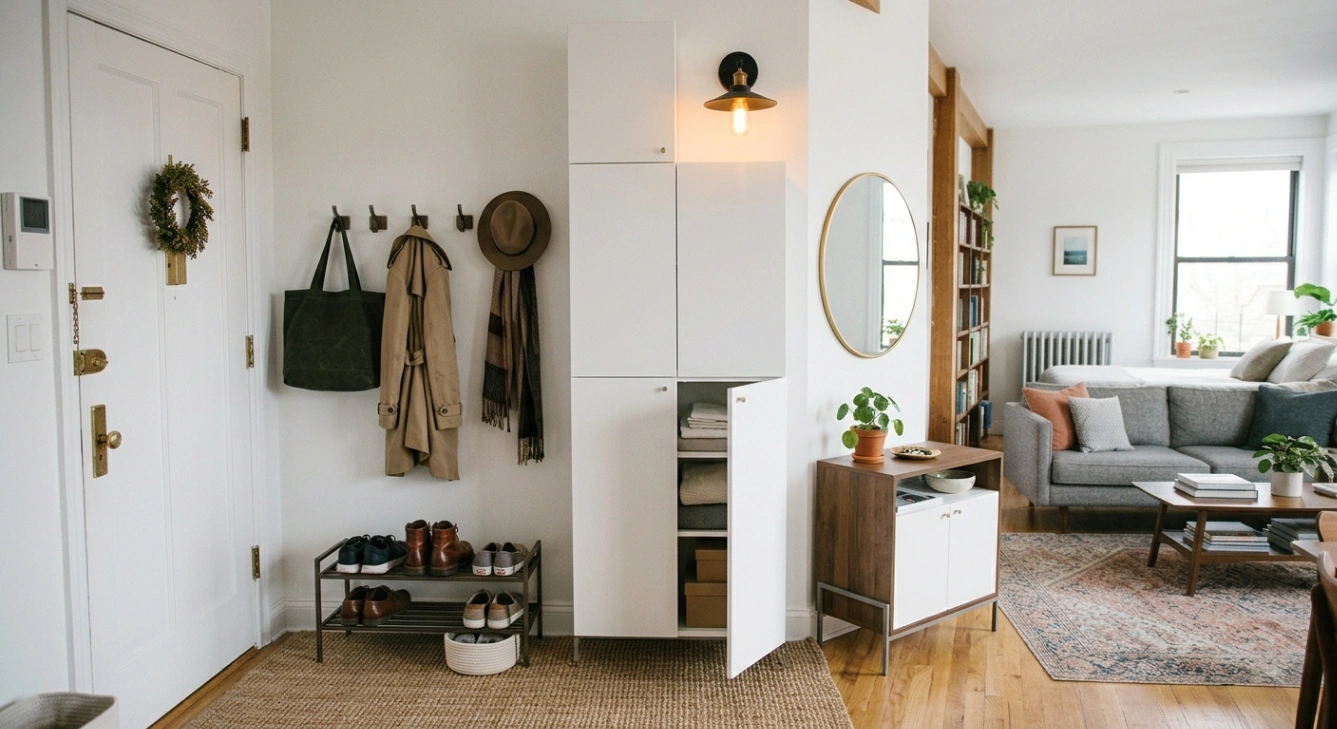 Studio apartment entryway and closet ideas with compact storage solutions