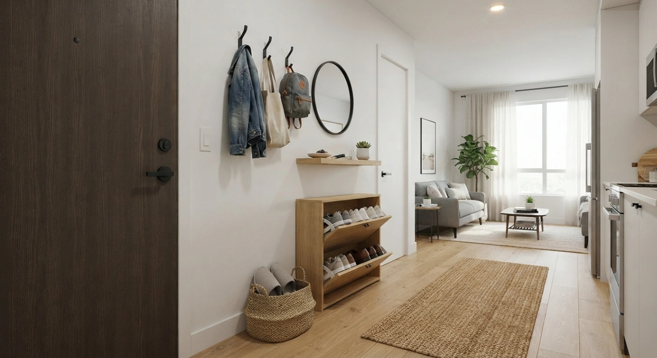 Studio apartment entryway with one-wall storage, hooks and shoe cabinet