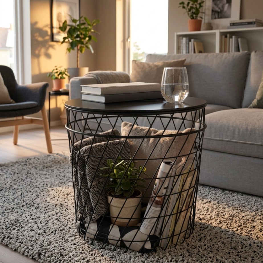 KEA KVISTBRO round storage table with a removable tabletop and lightweight metal basket for storing blankets, cushions and other household items in a compact studio apartment