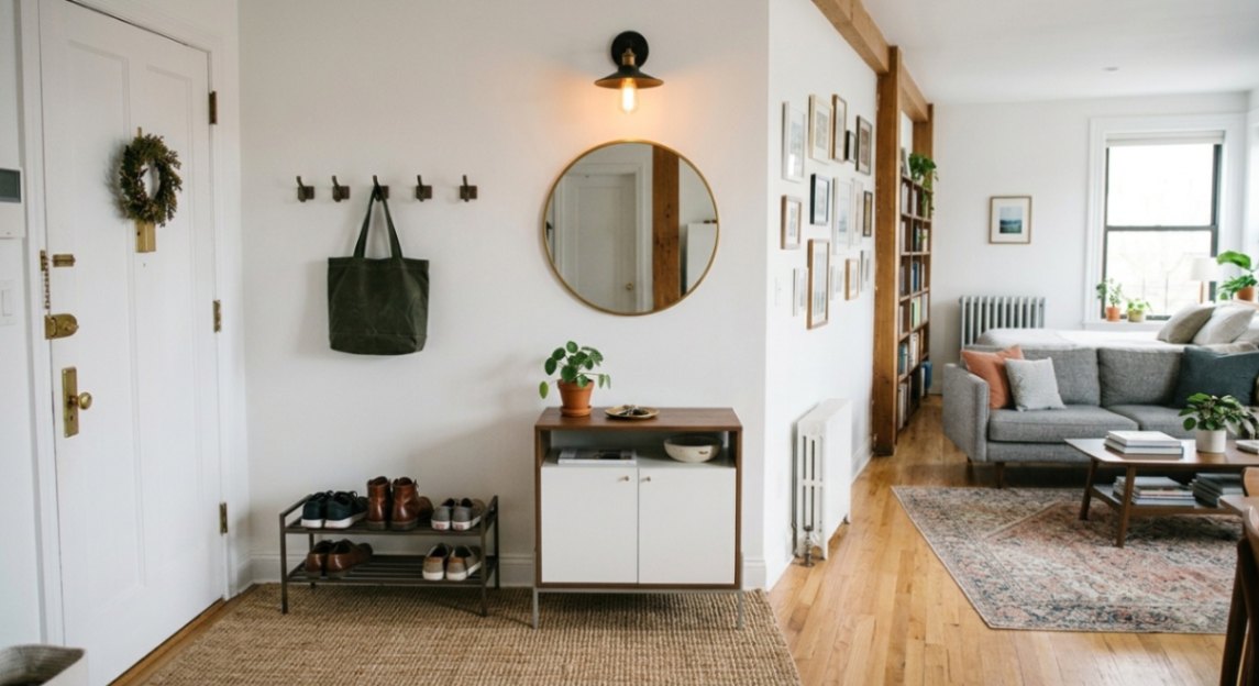 Organized studio apartment entryway with compact storage