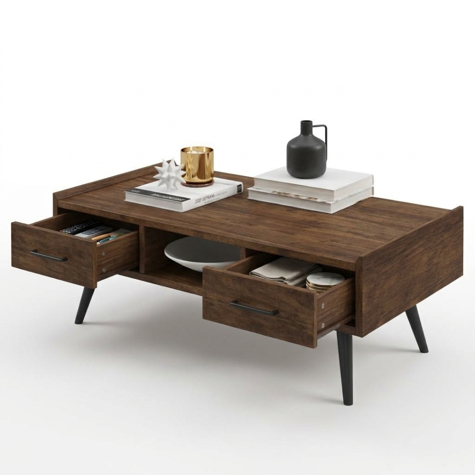 Brown Danube Home Seawell rectangular coffee table with storage for a modern studio apartment living room.