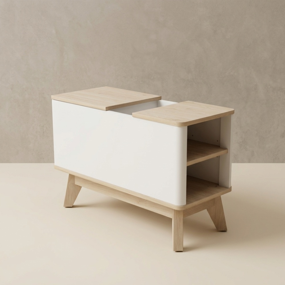 Danube Home Homy oak and white side table with a top-opening door and concealed storage for a studio apartment living room.