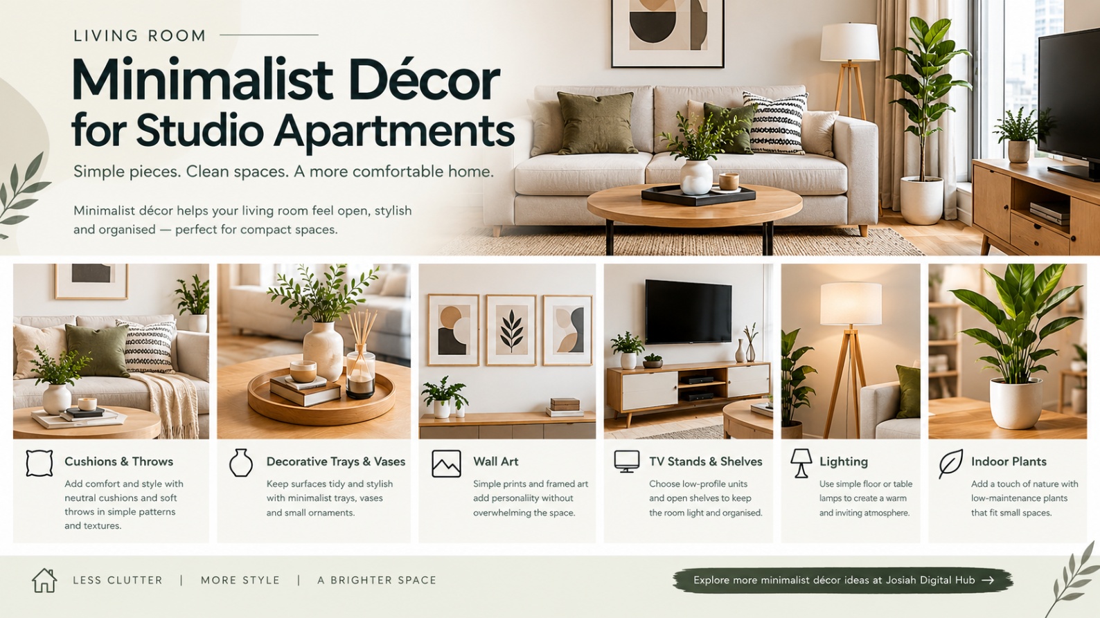 Minimalist décor for studio apartments featuring neutral cushions, decorative vases, wall art, lighting, TV storage, and indoor plants.