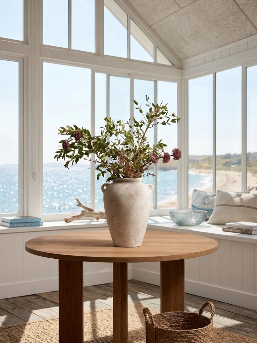 Natural Country Ceramic Lydford medium textured stoneware flower vase in a neutral finish, styled as minimalist décor for a small living room.