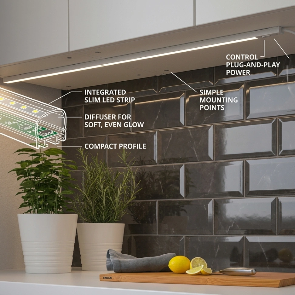 IKEA MITTLED LED kitchen worktop lighting strip for compact kitchenette cabinets
