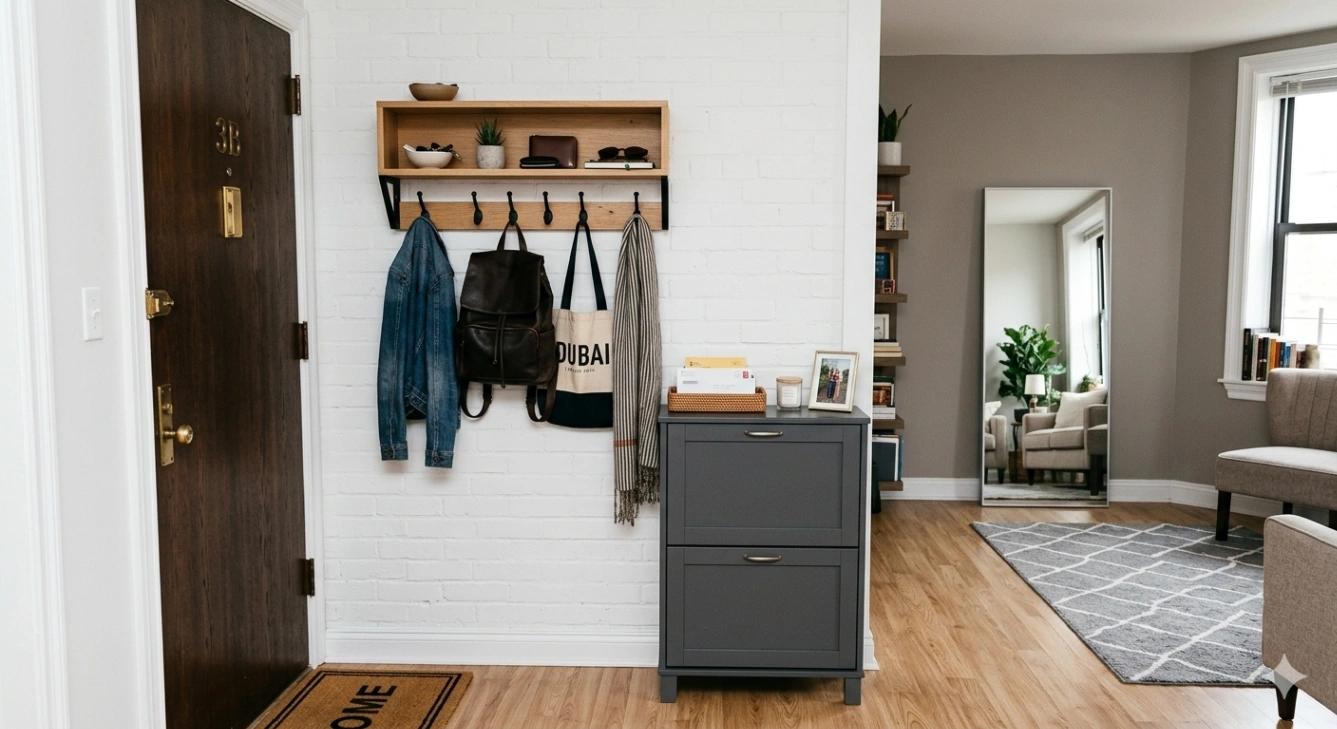 Small studio apartment entryway with open and closed storage