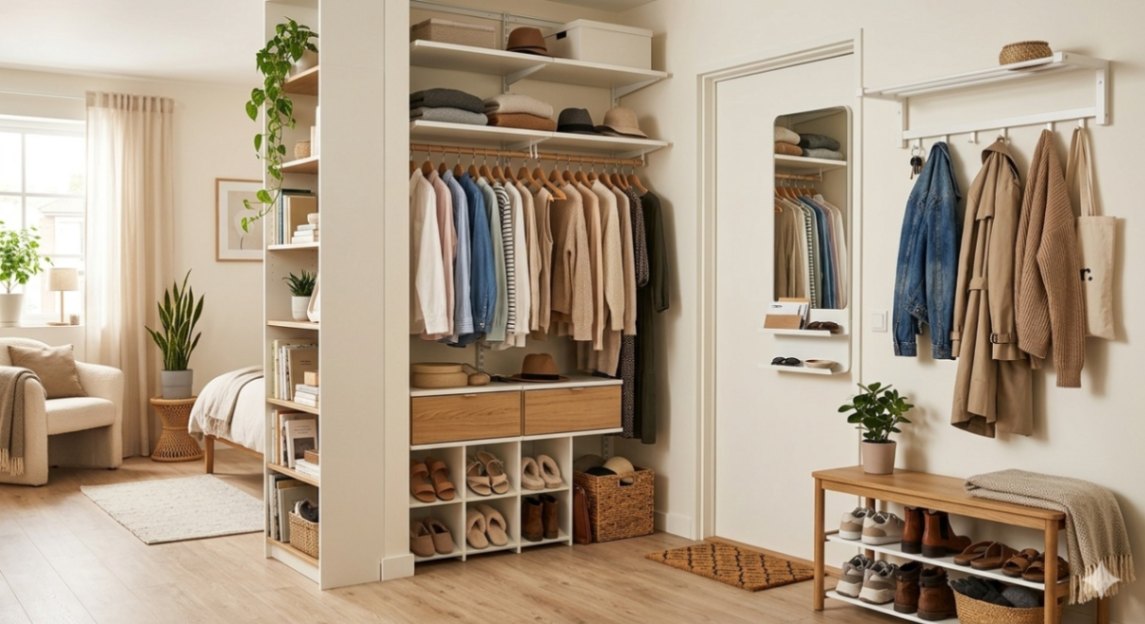 Compact entryway and closet in a studio apartment