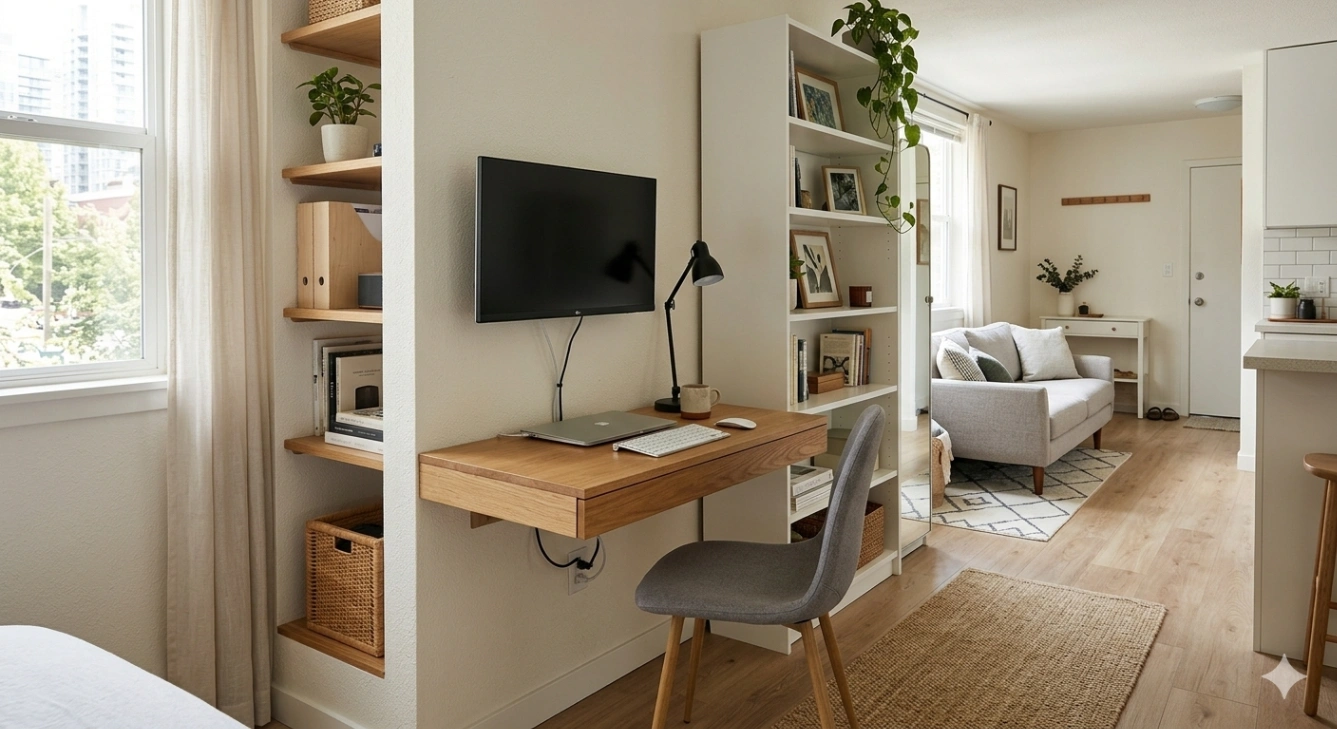 Compact home workstation in a studio apartment
