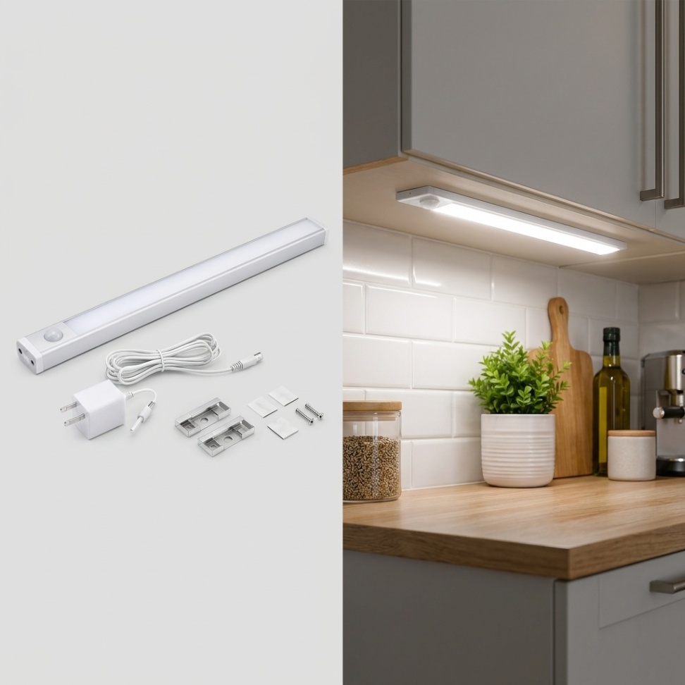 BLACK+DECKER LED under-cabinet light bar with accessories and installed lighting view for a studio apartment kitchenette
