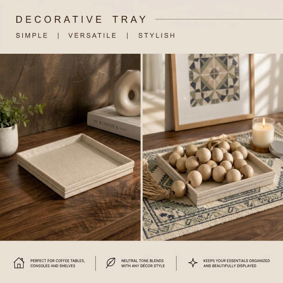 Minimalist beige decorative tray styled with natural wooden beads on a dark coffee table, ideal for minimalist décor in studio apartments.