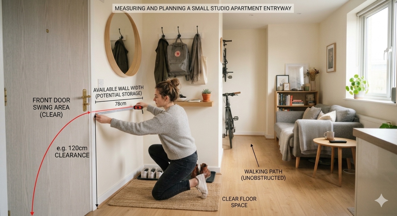 Measuring a small studio apartment entryway before adding storage