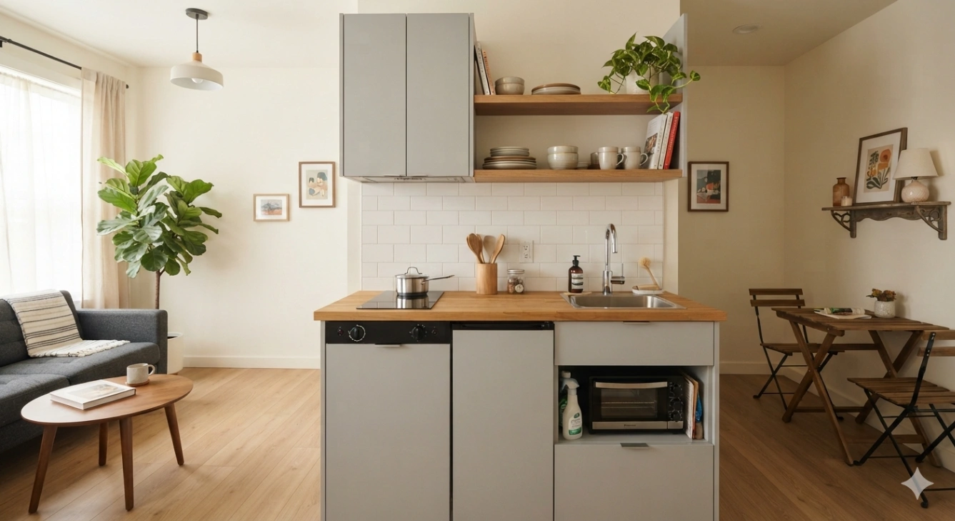 Compact micro kitchen layout in a studio apartment
