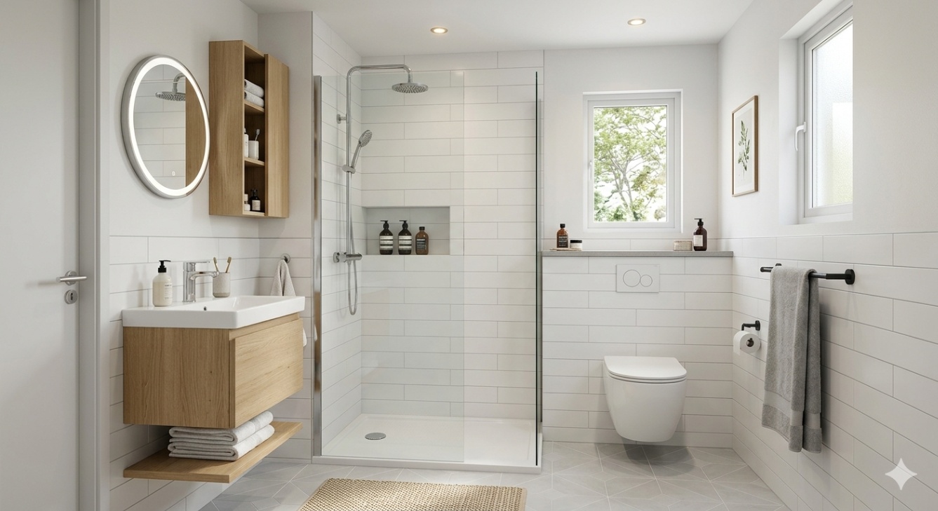 Compact bathroom layout in a studio apartment