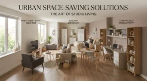 Modern studio apartment featuring a sofa, accent chair, coffee table, TV stand, bed, wardrobe, dining table, chairs, desk, bookshelf and space-saving storage furniture.