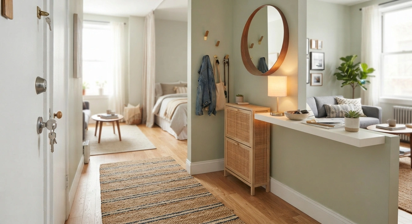 Defined entryway zone in a small studio apartment