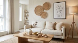 A cohesive minimalist living room setup in a studio apartment featuring a cream linen sofa with textured cushions, woven rattan wall plaques, a framed line-art print, a tripod floor lamp, and a wooden coffee table styled with a decorative tray, ceramic vase, and sculptural accents.
