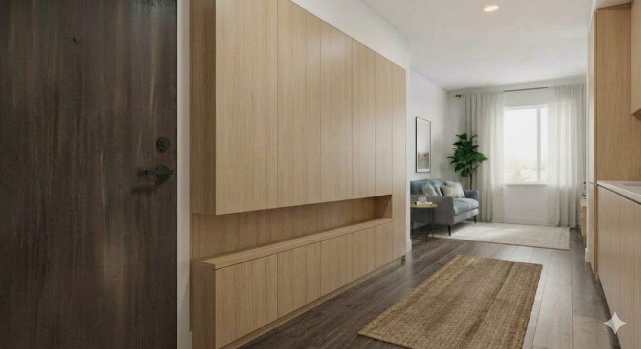 Closed storage entryway in a small studio apartment with a compact shoe cabinet