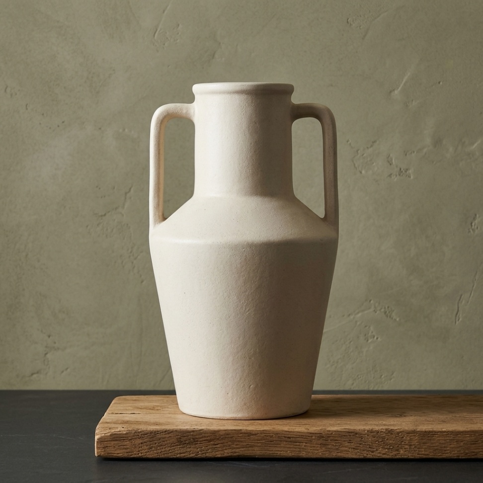 Beige Desert Elegance ceramic decorative vase, 28 cm tall, styled as a minimalist accent for a small living room.
