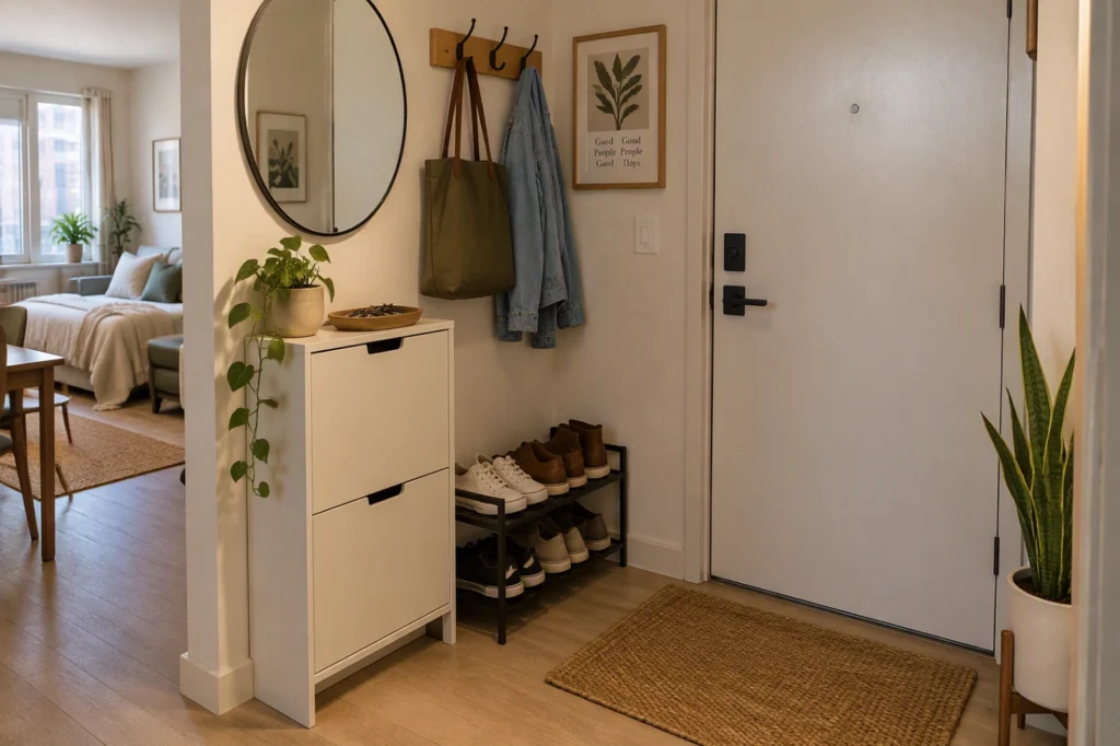 Studio apartment entryway with slim shoe storage, wall hooks and mirror