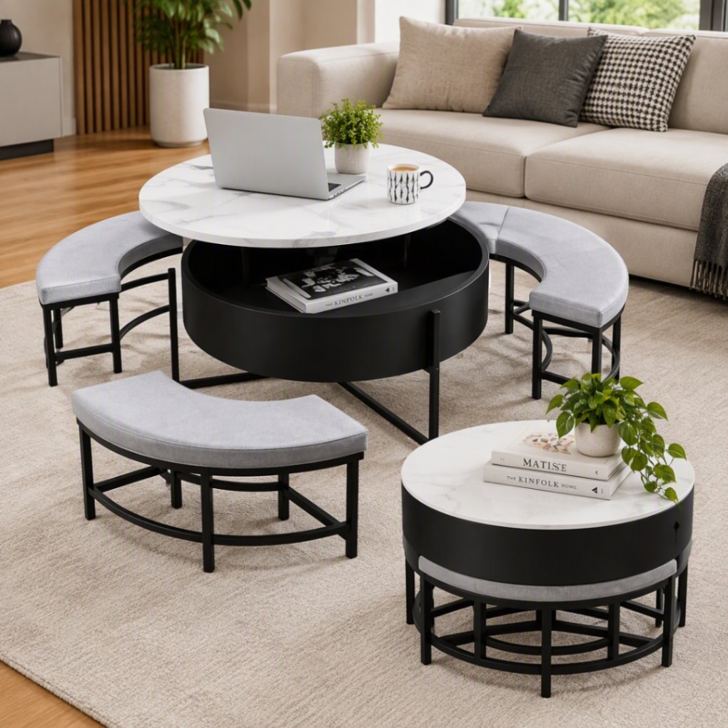 Round Wrought Studio lift-top coffee table with concealed storage and three matching ottomans in a white-and-black finish.